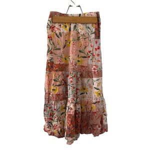 Tahari Patchwork Floral Tiered Midi Skirt XS Boho Viscose